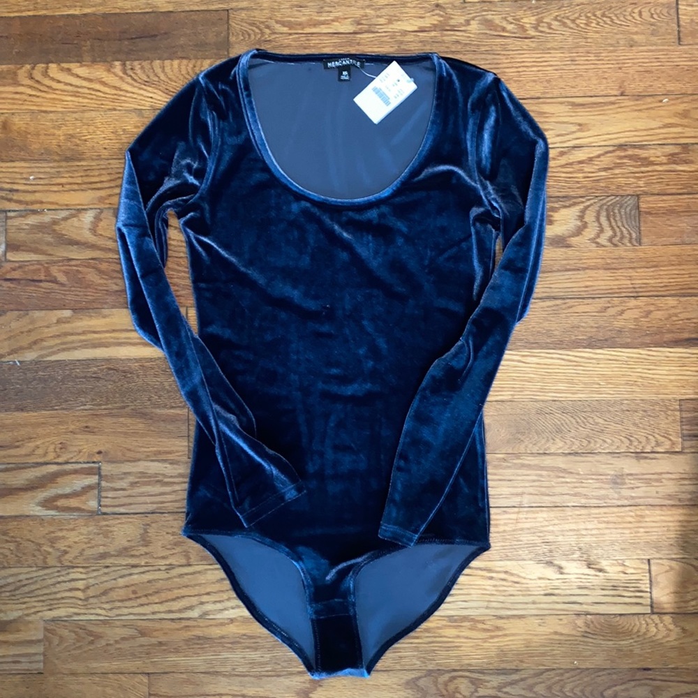 NWT! J.Crew Mercantile Velvet Bodysuit in Navy, Size XS. Runs TTS.